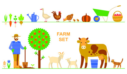 Set of farm characters and items. Сow, cat, farmer, chicken, rooster, chickens, goose, goat, vegetables, apple tree, wheelbarrow, basket, pumpkin. Flat vector illustration isolated on white background