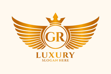 Luxury royal wing Letter GR crest Gold color Logo vector, Victory logo, crest logo, wing logo, vector logo template. - obrazy, fototapety, plakaty