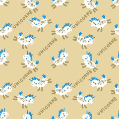 Hand drawn seamless pattern with unicorns and text. Perfect for T-shirt, textile and print. Doodle illustration for decor and design.