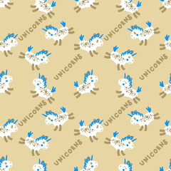 Fototapeta premium Hand drawn seamless pattern with unicorns and text. Perfect for T-shirt, textile and print. Doodle illustration for decor and design.