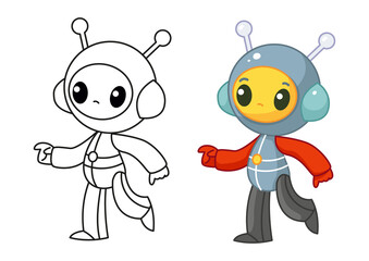 An astronaut in a spacesuit is dancing. Set with coloring book and color example. Happy cute alien in a spacesuit smiles. Vector illustration in cartoon childish style. Isolated funny clipart. Seal.