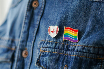 Close up of LGBT pin in the form of a flag with Canada pin is pinned on blue jeans jacket. LGBT...