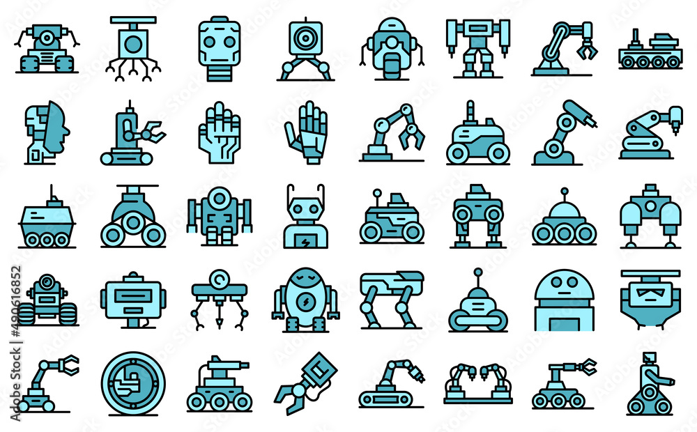 Poster robotics icons set outline vector. smart tech. future robot