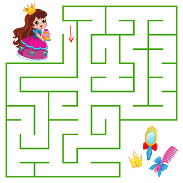 The cute little princess is looking for a way to find the treasure, hairbrush and crown in the maze. Find a way out of the maze. Educational game for children. Cartoon vector illustration.