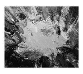 Black and grey background. Abstract painting element. Grungy texture. Acrylic brush strokes. Gray paint stain artwork. Dirty and dark wallpaper.  Art in black and white.