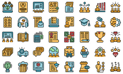 Staff training icons set outline vector. Work team. Business people