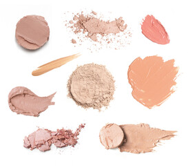 Set of liquid, ceamy and powder makeup samples islated on white background. Decorative cosmetic...