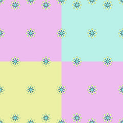 Seamless pattern with colored in blue and yellow flowers and located on multicolor background including two pink, one yellow and blue squares.