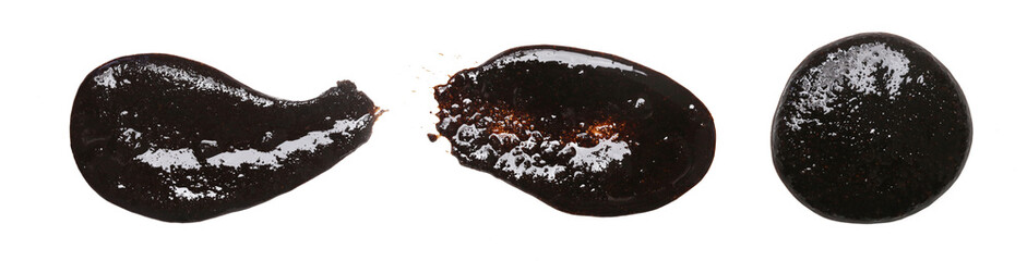 A set of coffee scrub, clay or charcoal face mask samples isolated on white. 
