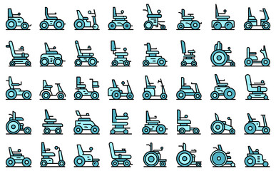 Electric wheelchair icons set outline vector. Adult battery. Care disability