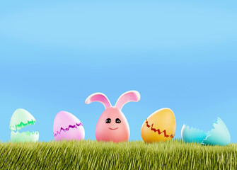 Cartoon Eggs and rabbit ears. Broken egg in the grass, 3d render. Happy Easter Clipart. Easter decoration, 3d illustration.