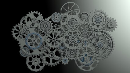 Mechanism black metallic gears and cogs at work under green spot lighting background. Industrial machinery. 3D illustration. 3D high quality rendering. 3D CG.