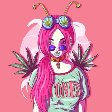 Pale girl with marijuana leaves and alien antennae. Stoner and psychedelic conceptual art with cannabis leaves and a high woman. Portrait of a millennial with round hippie eyeglasses.