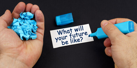 In the hands of crumpled paper, a marker, next to a business card with the inscription - What will your future be like
