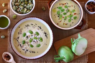 Kohlrabi cream soup with fried broad beans. A healthy vegetarian meal
