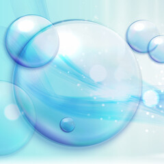 Colorful blue background with waves, bubbles, highlights. Ilustration.