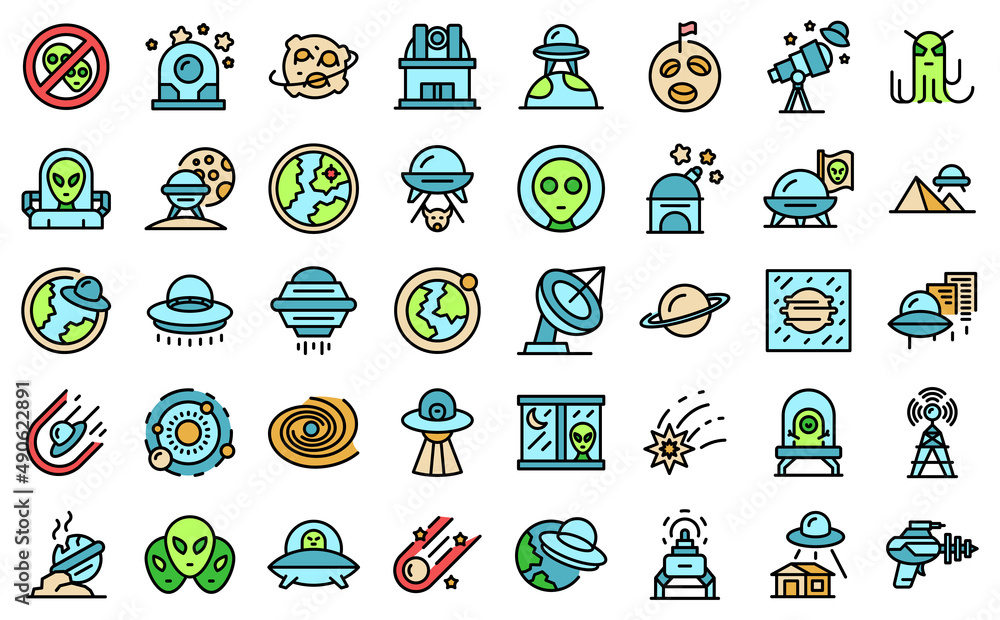 Poster space aliens icons set outline vector. rocket spaceship. monster mars