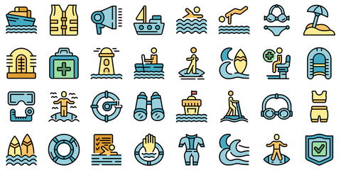 Water safety training icons set outline vector. Beach assistance. Float help
