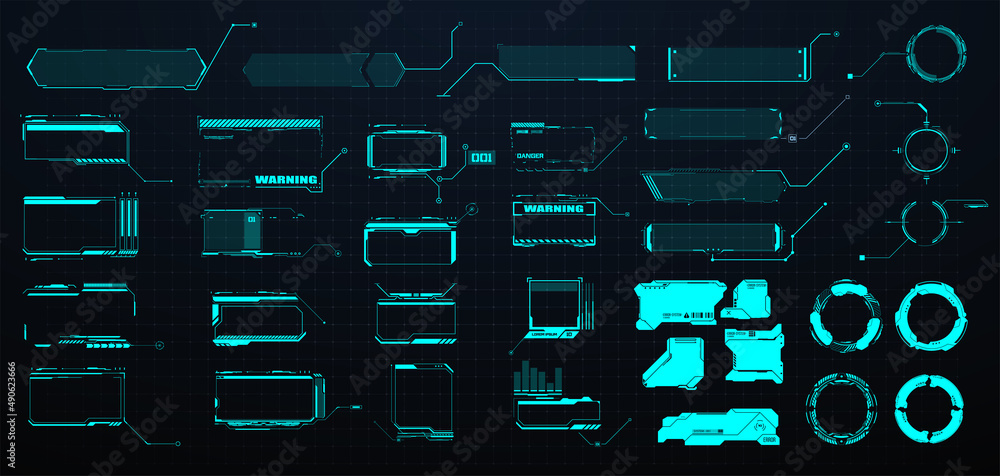 Poster Futuristic callout names. Information fields. Circle and rectangular shape borders. Digital information panels, a modern banner with a description. Interface elements HUD, GUI. Call out Titles set