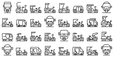 Trishaw icons set outline vector. Pedicab bicycle. Bike indian