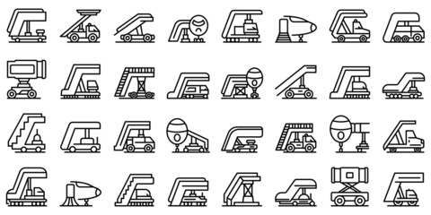 Airplane stairs icons set outline vector. Aerobridge engine. Plane stairs