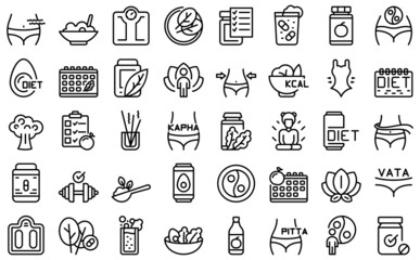 Ayurvedic diet icons set outline vector. Food eating. Cooking alternative - obrazy, fototapety, plakaty