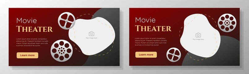 Movie theater online banner template set, cinema film roll advertisement, horizontal ad, classic event campaign webpage, flyer, creative brochure, isolated on background