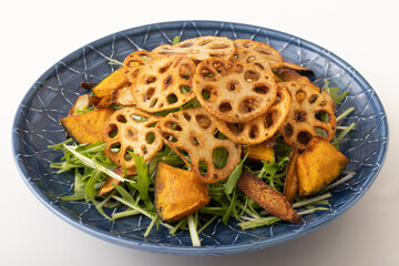 蓮根チップスと素揚げ野菜のサラダ