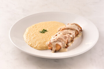 BLUE CHICKEN CORDON WITH MASHED POTATOES