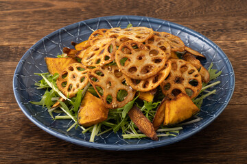 蓮根チップスと素揚げ野菜のサラダ