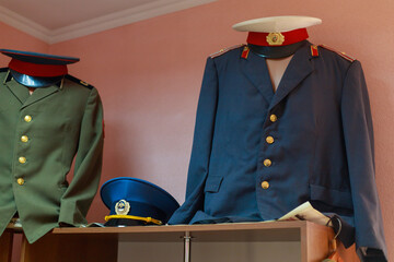 Vintage soviet uniform with selective focus. Background with copy space