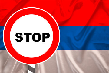 national flag of state russia on a luxurious texture of satin, red stop sign, silk with waves, folds and highlights, close-up, copy space, travel concept, economy and state policy