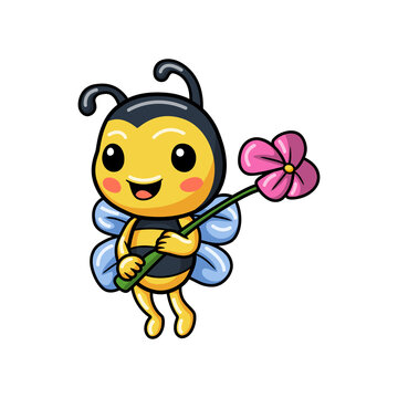 Cute little bee cartoon holding a flower