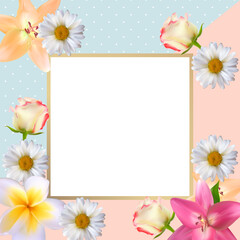 Cute Background with Frame and Flowers Collection Set. Illustration . Square Template for social networks and messengers