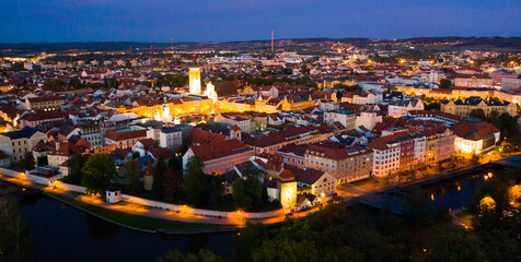 Night view from the drone on the Ceske Budejovice. Czech Republic