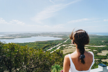 Woman looking at the view at MT Thisby lookout, Kangaroo Island, South Australia