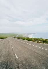 Portrait wide shot of the road towards Remarkable Rocks, Kangaroo Island, South Australia
