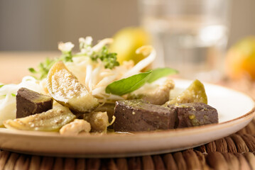 Thai food rice noodle green curry soup with coconut milk and chicken