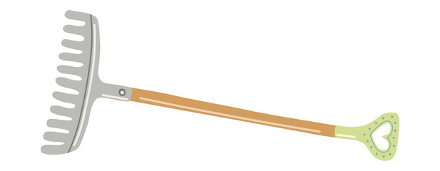 Vector isolated element. Garden rake. Garden tools. Gardening. Springtime. Color image on a white background. The print is used for packaging design.