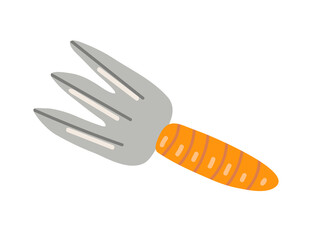 Vector isolated element. Garden rake. Garden tools. Gardening. Springtime. Color image on a white background. The print is used for packaging design.