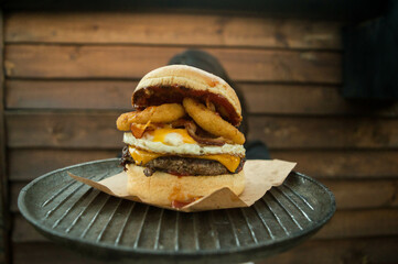 burger and fried onion rings