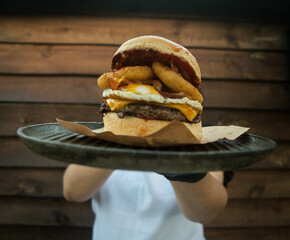 burger and fried onion rings