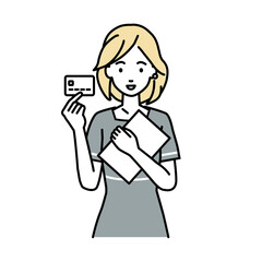 立って書類とカードを手に持つエステ店員・接客・受付の女性
