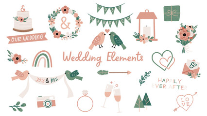 Whimsical Boho Hand-Drawn Vector Wedding Elements