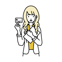 立って書類とカードを手に持つジャケットの女性