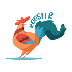 Rooster. Inscription. Vector illustration on a white background. Cartoon character of a rooster with lettering.