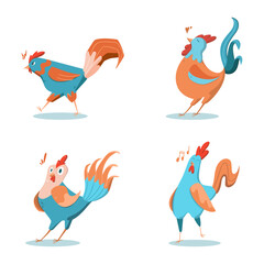 A set of cute roosters in cartoon style. Isolated vector illustration of cockerel.