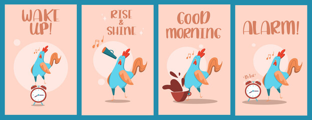 Set of illustrations with a rooster, a cup and an alarm clock. A concept for postcards and banners