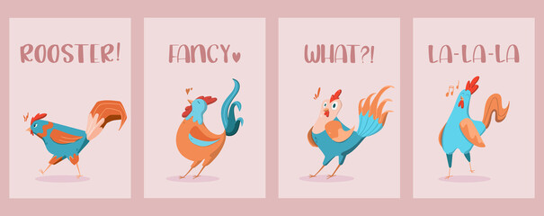 A set of funny cocks. Character rooster. Set of postcards with cute cocks showing different emotions.
