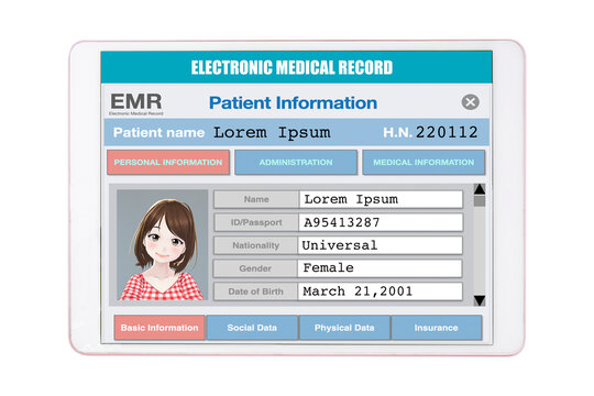 Cartoon image of electronic medical record show on digital tablet.
